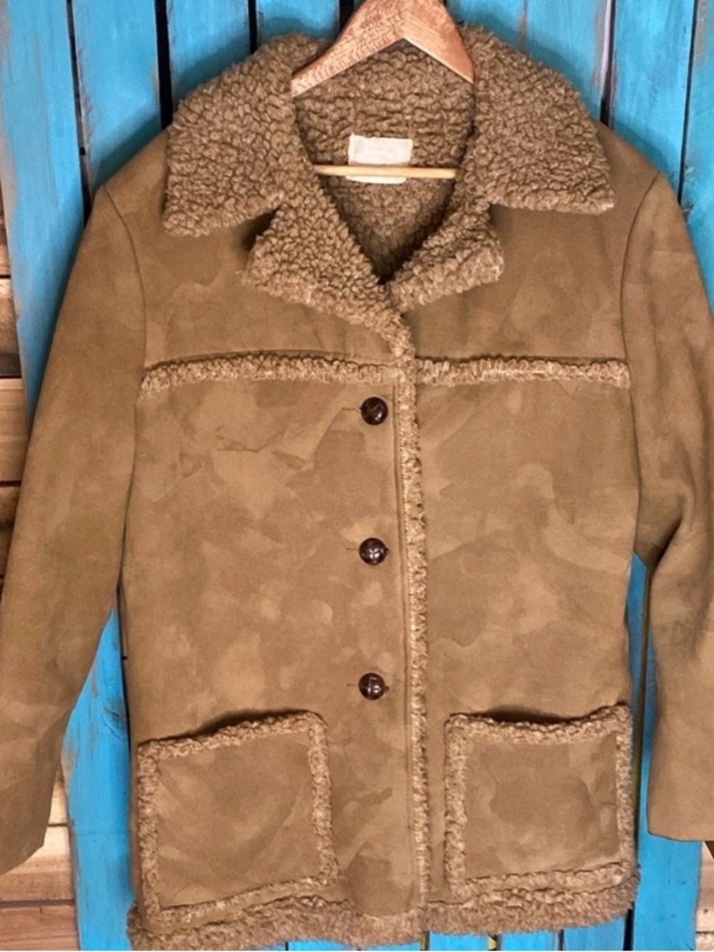 Vintage 70s Fingerhut Fashions tan faux suede shearling coat size large made USA